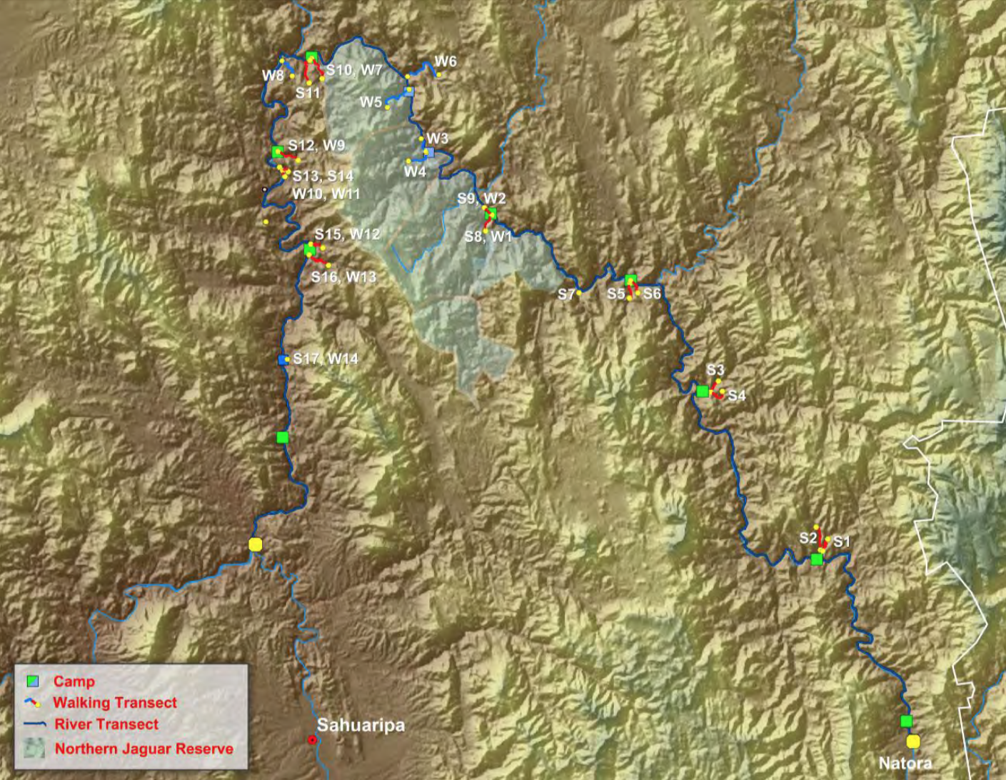 Map of the lower Río Aros and upper Río Yaqui with floating and walking survey transects
